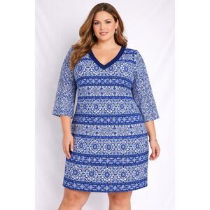 Lands' End Blue Floral 3/4 Sleeve Cotton V Neck Knee Length Casual Dress 2X